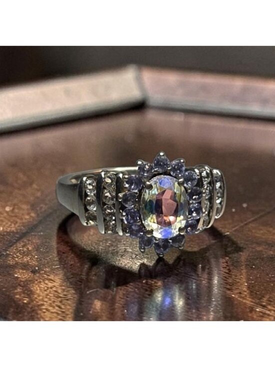 STS Jewelry - STS 925 Sterling Silver Natural Australian Boulder Opal Tanzanite Ring Size 8